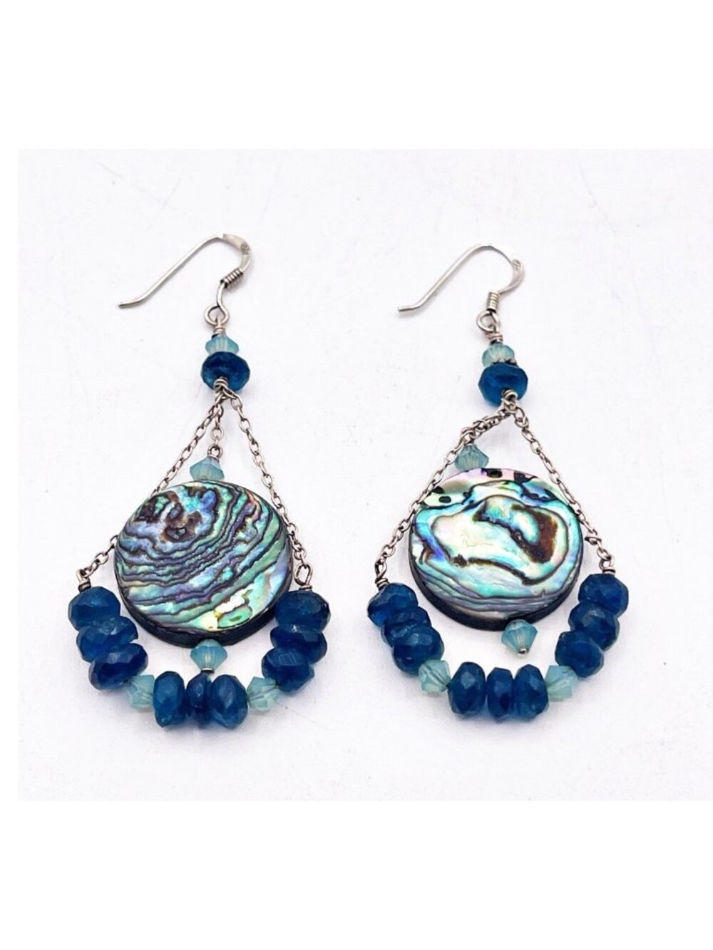 Vintage Abalone Blue Glass Beaded Boho Earrings Dangle 925 Sterling Silver Hooks - Picture 2 of 7
